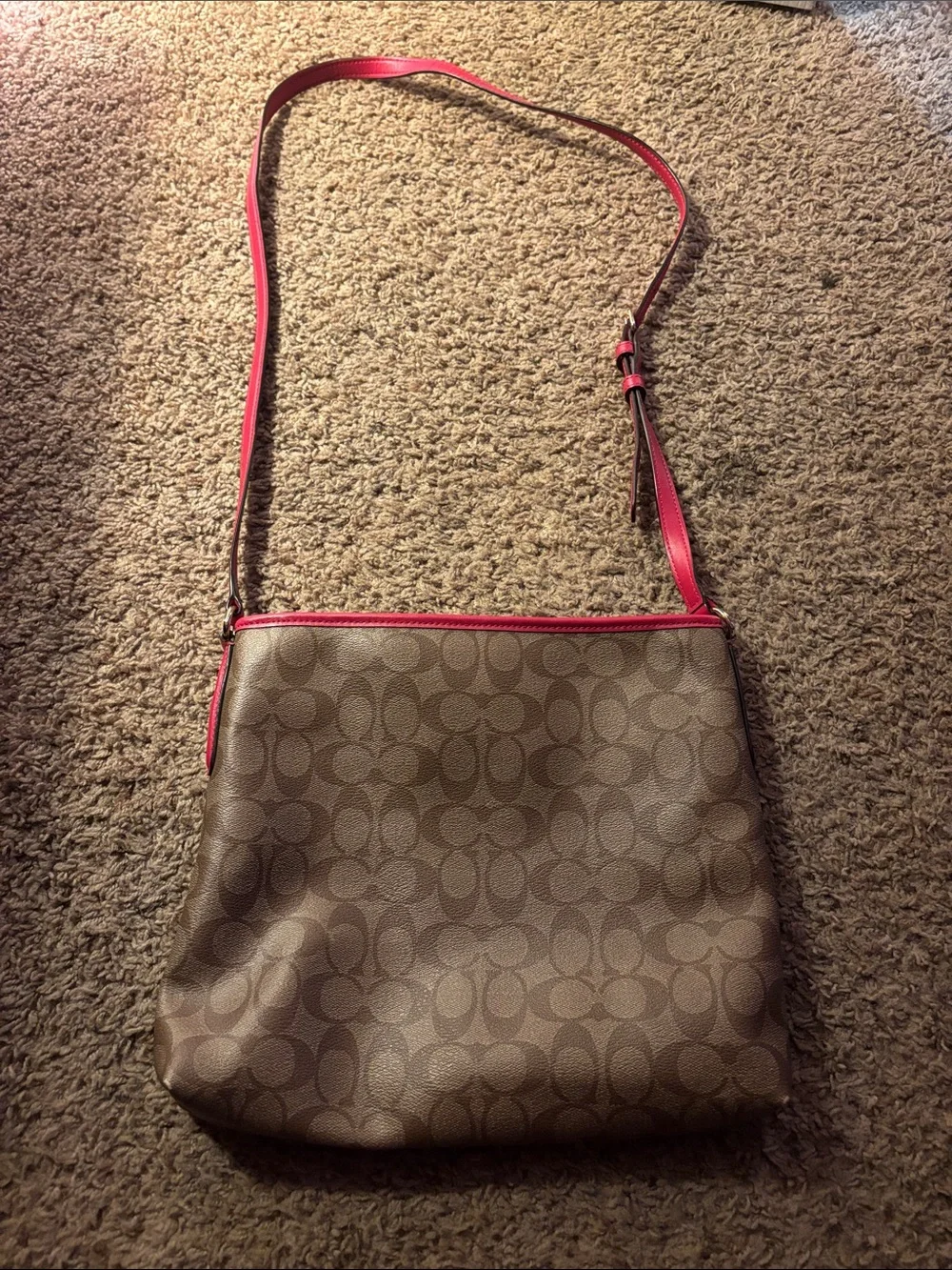 Coach Brown Signature Crossbody with Pink Trim